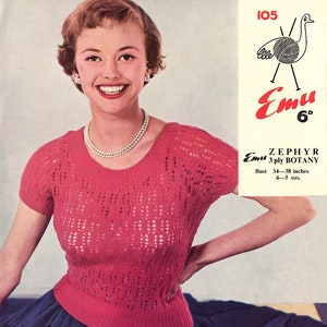Patrones Emu 1952 n.° 105/6D Suéter de manga corta/Pullo de encaje Folleto Patrones de tejido Descarga instantánea Folleto digital Patrón de crochet electrónico