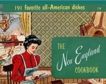 May include: A vintage illustration of a kitchen scene with a woman and a girl preparing a meal. The kitchen features a wood-burning stove, a table with a variety of dishes, and a basket of fresh produce. The text "THE New England COOKBOOK" is visible in the upper right corner of the image.