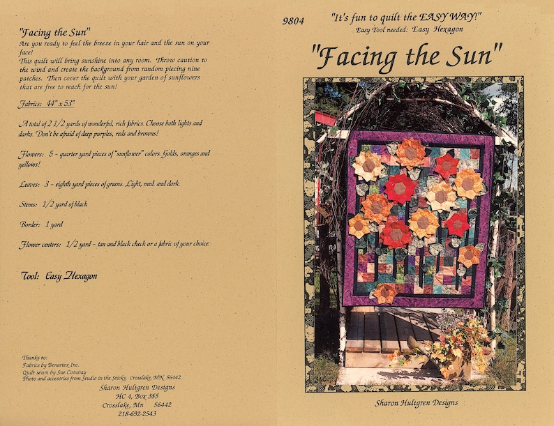 K&ouml;nnte beinhalten: Ein Quiltmuster mit dem Titel "Facing the Sun" mit einem Sonnenblumenmotiv. Der Quilt ist aus verschiedenen Stoffen in Gelb-, Orange-, Rot-, Braun- und Gr&uuml;nt&ouml;nen gefertigt. Das Muster verwendet das Easy Hexagon-Werkzeug und ben&ouml;tigt 2,5 Meter Stoff.