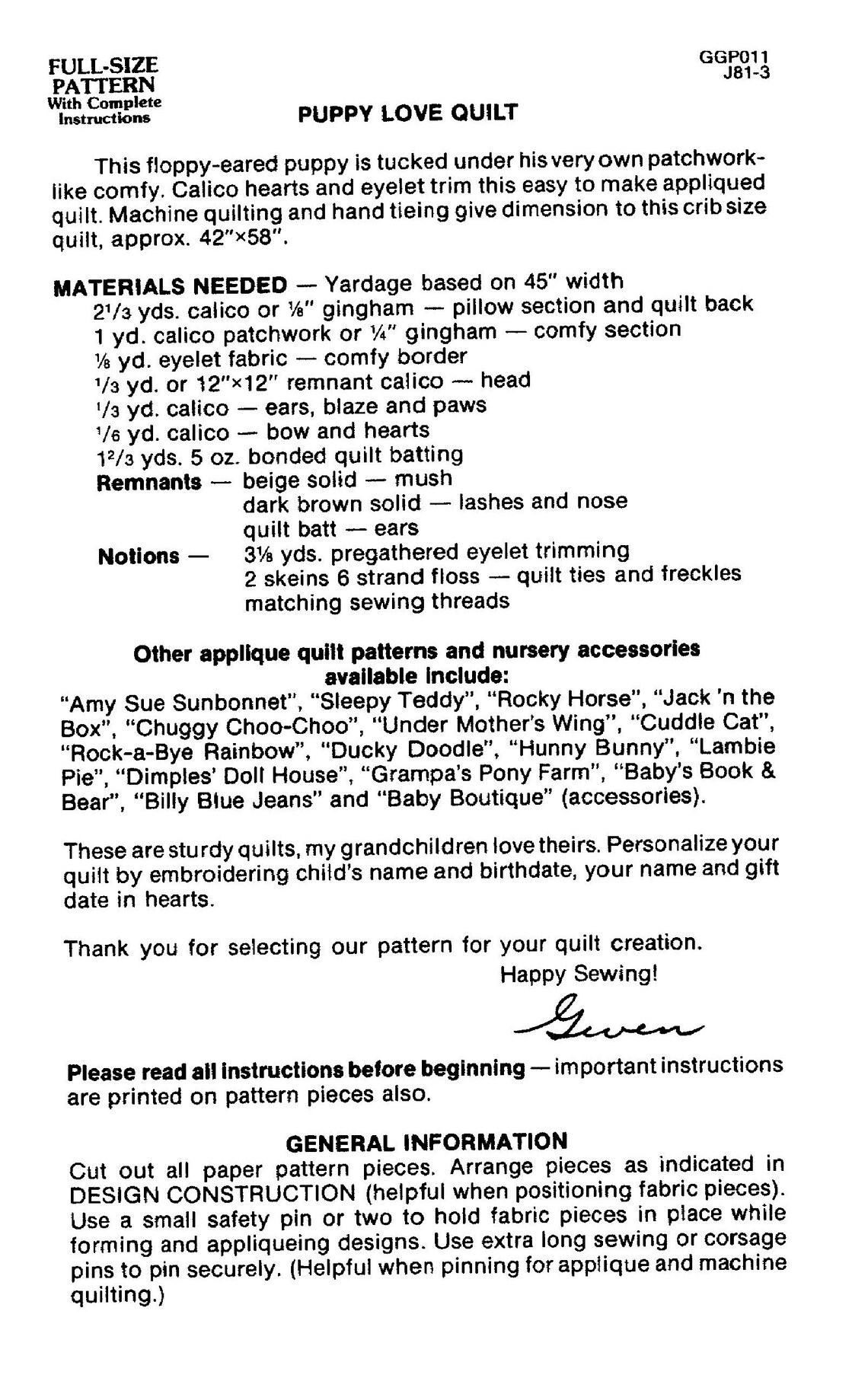 1979 Puppy Love Quilt Wall Hanging Gingham Goose Quilt Pattern Design ...
