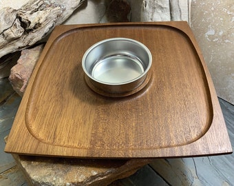 Mid Century Modern Wood Serving Platter with Stainless Steel Bowl Cheese Tray Charcuterie Platter Serving Platter Dip Set Serving Snack Set