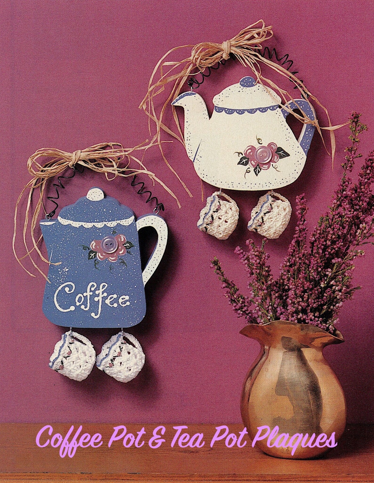 1998 Coffee Pot and Tea Pot Plaques Pattern Design Wood & Crochet Wall