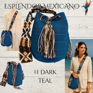 May include: Dark teal crochet bag with a patterned strap and tassel details. The bag is displayed with the text "#1 DARK TEAL" and the words "ESPLENDOR MEXICANO" at the top. The bag is shown on a mannequin and on a person.