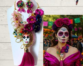 Mexican Artisan Handmade Necklace Set with hand painted ceramic calavera Catrina/Made in Mexico/Dia de Los Muertos/Day of the Dead/Flowers
