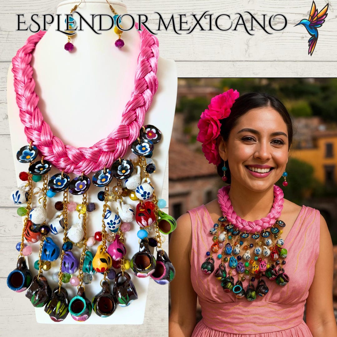 mexican-artisanal-handmade-pink-braided-necklace-and-earrings-jewelry