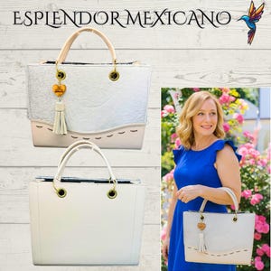 Mexican Handmade Leather Bag Purse/Artisanal White Cowhide Purse/Top Handle /Crossbody Convertible with Matching Pouch/Latina/Made in Mexico
