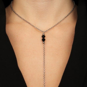 Silver Y Necklace, Lariat Necklace, Dainty Long Silver Necklace, Beaded Necklace, Black Crystal Necklace, Necklace For Women, Onyx Necklace