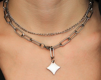 Silver Chunky Choker, Chunky Chain Necklace, Chunky Choker With Pendant, Rectangle Chain Choker, Silver Rhombus Pendant, Geometric Necklace