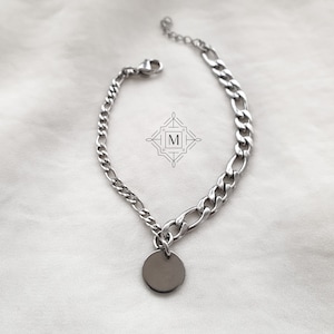 Silver Figaro Chain Bracelet, Chunky Silver Bracelet, Mixed Chain Bracelet, Silver Disc Bracelet, Round Silver Disc Pendant, Unisex Bracelet