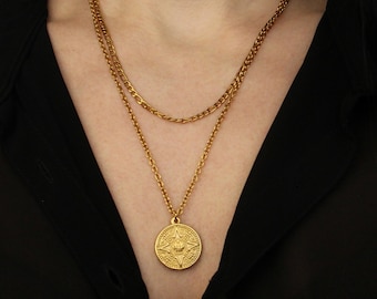Gold Compass Medallion Necklace: Stainless Steel North Star Pendant