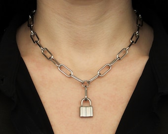 Chunky Silber Vorhängeschloss Halskette | Edelstahl Büroklammer Kette