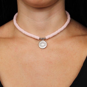 Heishi Necklace, Light Pink Heishi Necklace, Evil Eye Pendant, Surfer Style Heishi Bead Necklace, Choker Necklace, Beach Choker, Boho Style