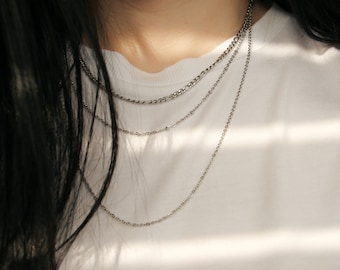 Layered Silver Necklace Set, Stainless Steel Chain, Minimalist Jewelry