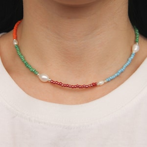 Beaded Pearl Necklace, Mixed Pearl Necklace, Beaded Jewelry, Freshwater Pearl and Beads Necklace, Rainbow Choker, Colorful Choker, Gift Idea