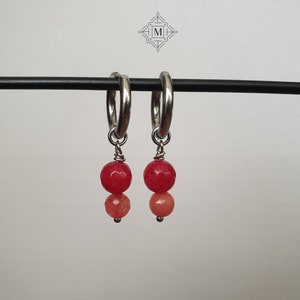 Red Jade Earrings, Silver Hoop Earrings, Jade Stone Earrings, Natural Jade Stone Beads, Silver Hoops, Red Earrings, Stainless Steel Earrings
