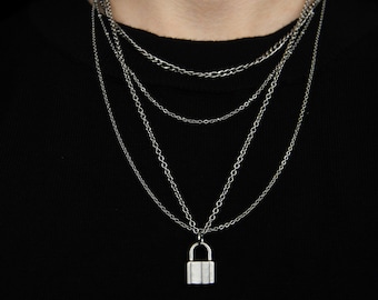 Silber Vorhängeschloss Anhänger Halskette: Edelstahl Layered Kette