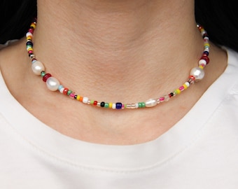 Freshwater Pearl Choker | Colorful Seed Bead Necklace | Summer Beaded Necklace