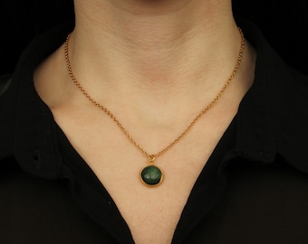Collana Donna Con Ciondolo A Goccia Placcato Oro 18K E Pietra Verde – Regalo UK