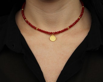 Red Bead Necklace, Beaded Choker Necklace, Boho Summer Choker, Gold Tiny Charm Choker, Gold Boho Necklace, Beaded Jewelry, Handmade Necklace