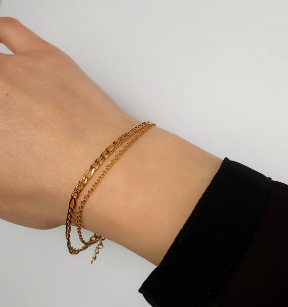 Gold Double Chain Bracelet, Gold Layered Bracelet, Figaro Chain