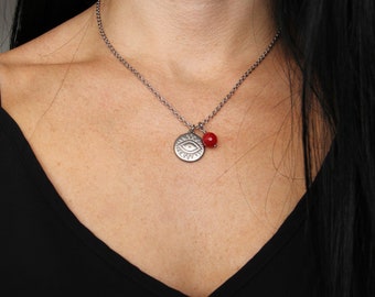 Evil Eye Necklace | Stainless Steel Pendant with Red Jade Bead