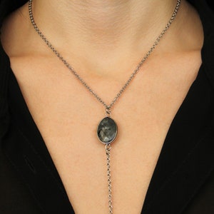 Silver Y Necklace, Black Onyx Stone Necklace, Lariat Y Necklace, Silver Long Necklace, Black Agate Stone, Silver Lariat Necklace, Women Gift