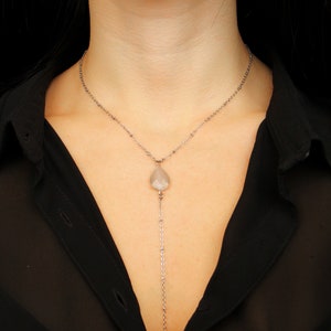 Silver Y Necklace, Silver Y Lariat Necklace, Crystal Teardrop Necklace, Grey Crystal, Women Necklace, Crystal Drop Pendant, Long Necklace