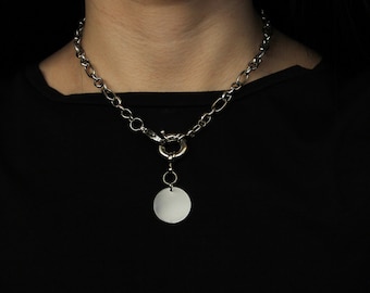 Silver Chunky Chain Necklace, Disc Pendant, Bold Stainless Steel Choker