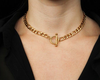 Gold Plated Toggle Clasp Necklace: Chunky Stainless Steel Chain Choker