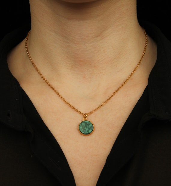 Dainty Gold Necklace Dark Green Pendant Necklace Gold Necklace