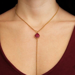 Gold Y Necklace, Gold Long Necklace, Ruby Red Drop Pendant, Lariat Necklace, Gold Y Necklace, Dainty Lariat Necklace, Gold Necklace Women