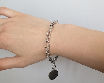 Chunky Stainless Steel Chain Bracelet | Silver Disc Charm | Oversized Bracelet