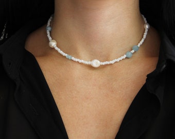 White Beaded Necklace, Beaded Choker, Freshwater Pearl Necklace, Light Blue Howlite Beads, Beaded Necklace, Seed Beads Necklace, Gift Idea