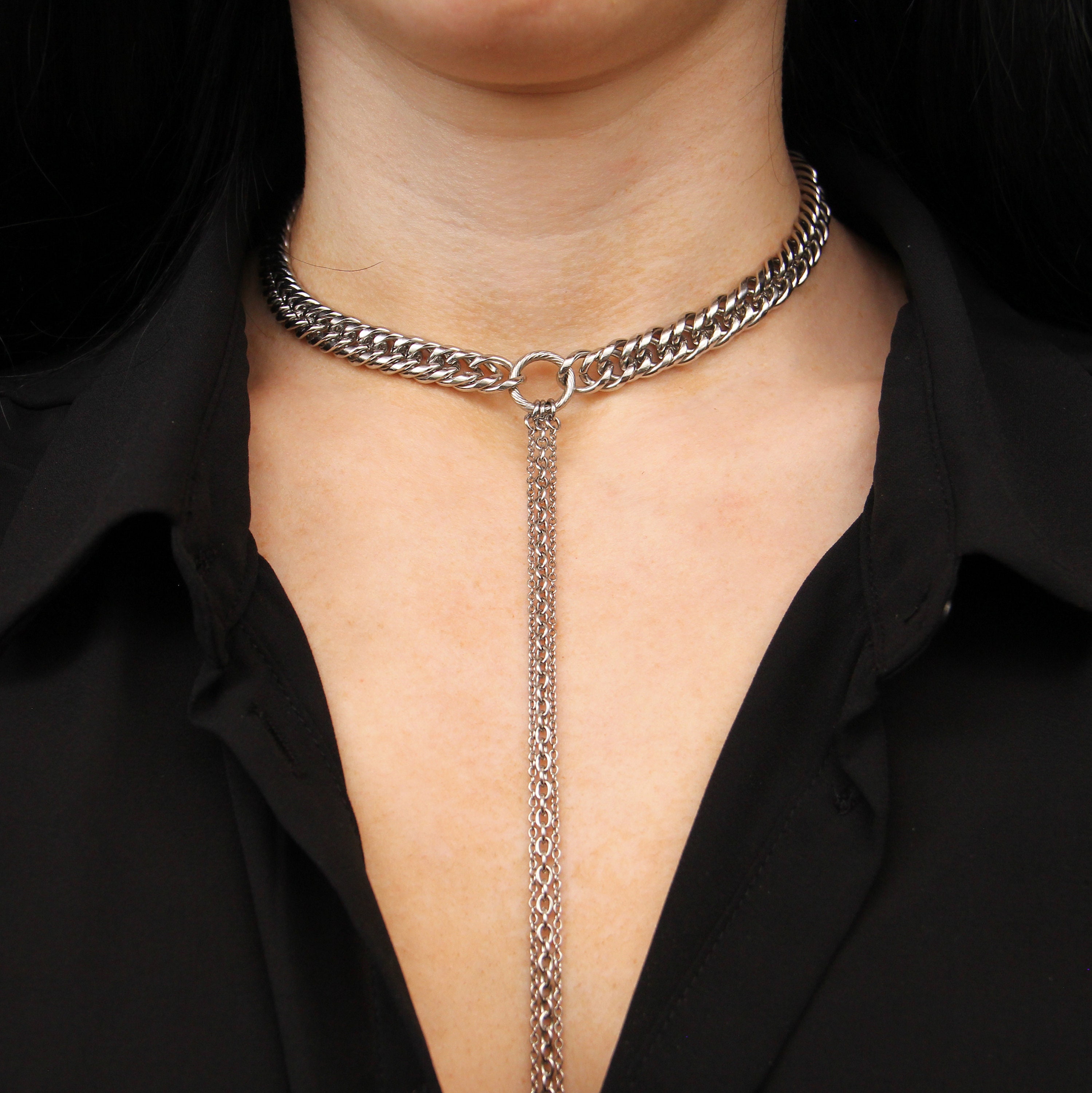 Chunky Choker Necklace, Silver Y Necklace, Chunky Chain