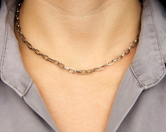 Silver Paperclip Link Chain Choker: Stainless Steel Layered Necklace