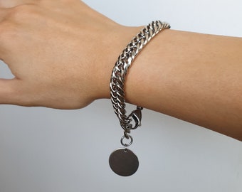 Bracciale a catena cubana spessa in acciaio inossidabile con ciondolo a disco / Bracciale di tendenza