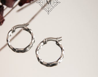 Twisted Silver Hoop Earrings | Stainless Steel, 24mm Hoops