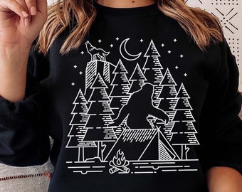 Bigfoot Camping Silhouette Sweatshirt | Sasquatch Camping Shirt | Bigfoot Hiking Sweatshirt
