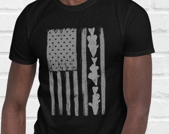 Grey American Flag Fishing Shirt, Fish Species Shirt, Fisherman Shirt, Vintage Distressed USA Flag