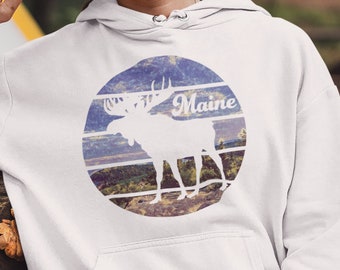 Maine Moose Hoodie, Acadia National Park Retro Unisex Hoodie