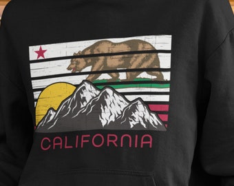 California State Flag Retro Mountains Hoodie, California Bear Hoodie