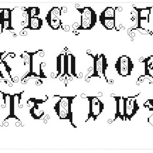 Puede incluir: Alfabeto en blanco y negro con adornos decorativos. Las letras están en una fuente de estilo gótico.