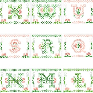 May include: A set of 10 cross-stitch embroidery designs featuring the letters T, U, S, R, P, N, M, L, and K. Each letter is surrounded by a floral border and a green and pink colour scheme.