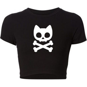 Fitted CropTop • Womans Gift • Graphic Crop • Baby Tee • Cartoon Cat Skull • Summer Outfit • Night Club • Party • Gift For Her