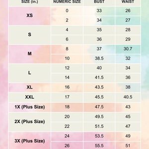Puede incluir: Tabla de tallas de crop top con medidas en pulgadas. La tabla incluye tallas XS a 4X (Plus Size), con tallas num&eacute;ricas, medidas de busto y cintura correspondientes. Fondo con degradado de colores.