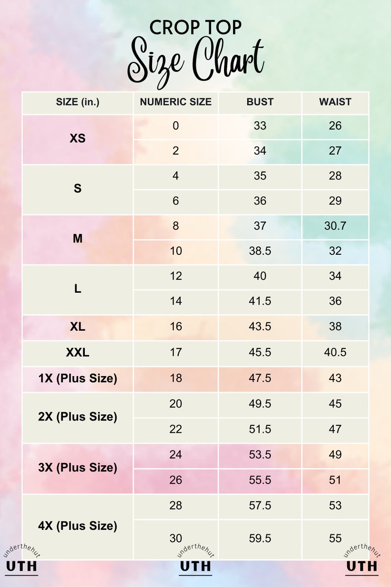 Puede incluir: Tabla de tallas de crop top con medidas en pulgadas. La tabla incluye tallas XS a 4X (Plus Size), con tallas num&eacute;ricas, medidas de busto y cintura correspondientes. Fondo con degradado de colores.