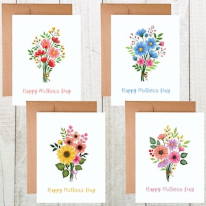 May include: Four greeting cards with different floral bouquets and the text "Happy Mother's Day".