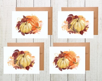 Watercolor Pumpkin Card Set, Blank Fall Cards, Autumn Greeting Cards, Thanksgiving Cards, Pumpkin NoteCard with Envelope, Fall Foliage Card
