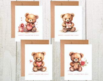 Valentine Teddy Bear Card Set, Valentine's Day Cards, Teddy Bear Card, Valentine's Day Notecards with Envelopes, Blank Valentine's Day Cards