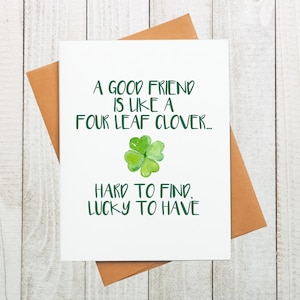 Tarjeta de trébol de cuatro hojas para buenos amigos, tarjeta del día de San Patricio, tarjeta para un amigo, tarjeta de la suerte, tarjeta de trébol irlandés, tarjeta divertida para un amigo en el día de San Patricio